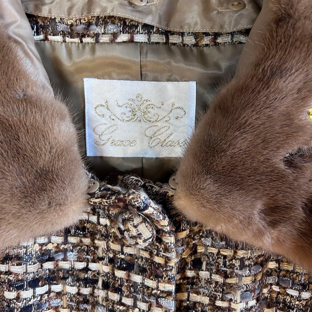 ￼ 【美品】グレースクラス ビジュー付ミンクファー　ツイードノーカラーコート