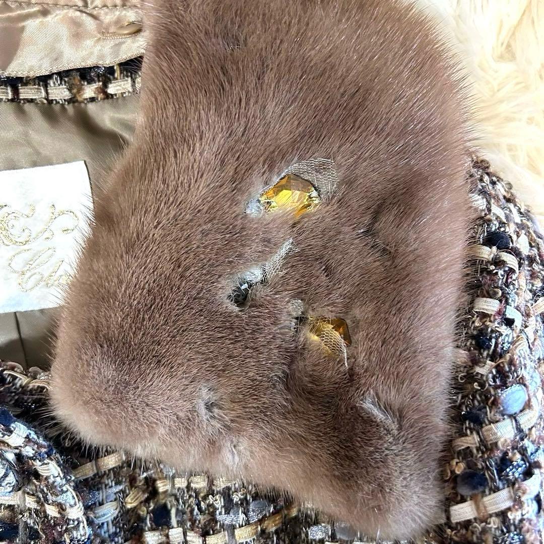 ￼ 【美品】グレースクラス ビジュー付ミンクファー　ツイードノーカラーコート