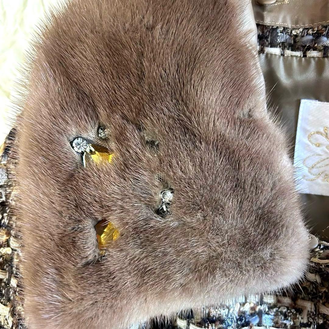 ￼ 【美品】グレースクラス ビジュー付ミンクファー　ツイードノーカラーコート