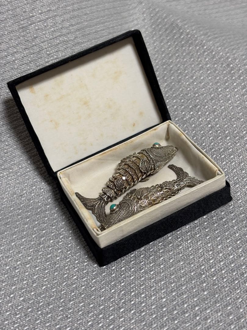 シルバー製魚の装飾品 中国美術 2匹 銀魚 箱あり