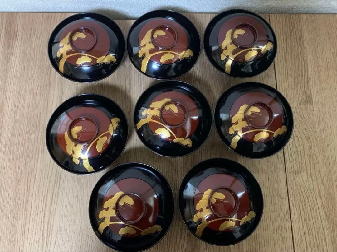 輪島塗　木製漆塗吸物椀8客　見返し蒔絵　汁椀　時代物　松　鶴　お正月　未使用品