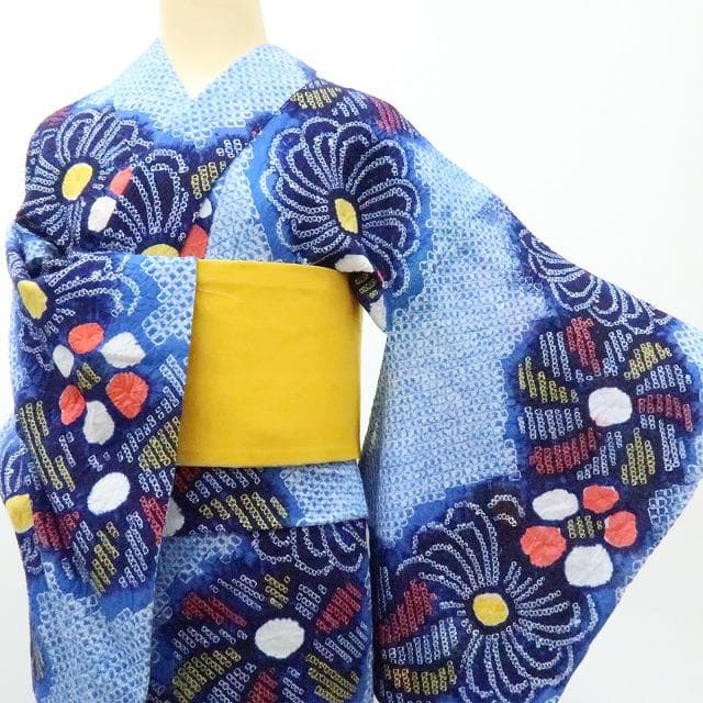 Y3425◆有松鳴海絞り 綿 背・居敷当て付 手縫い 高級浴衣 洗える夏着物