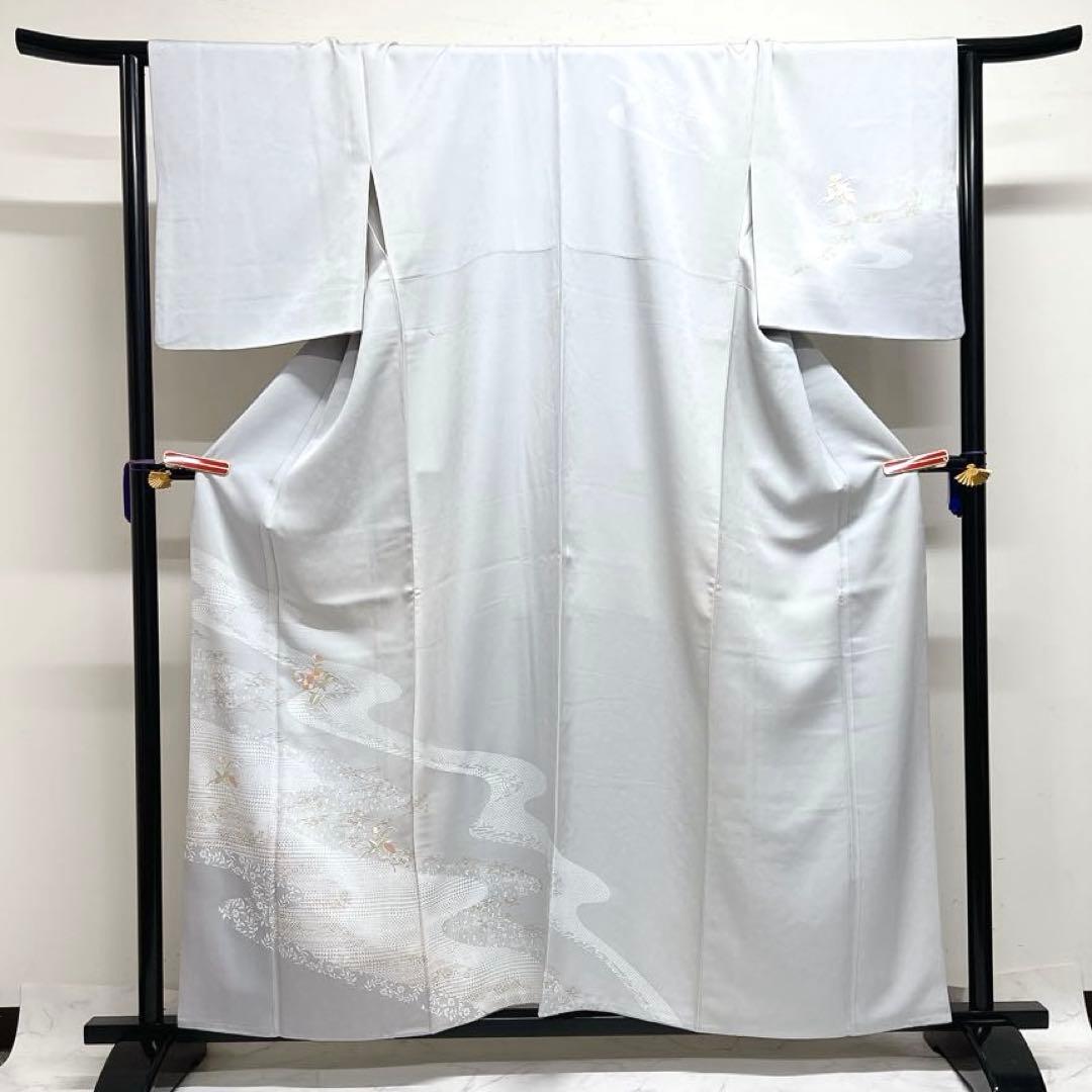 訪問着　刺繍　流水　撫子　芝草　蝶　菊　鱗　鹿の子　紋無し　着物　044k d