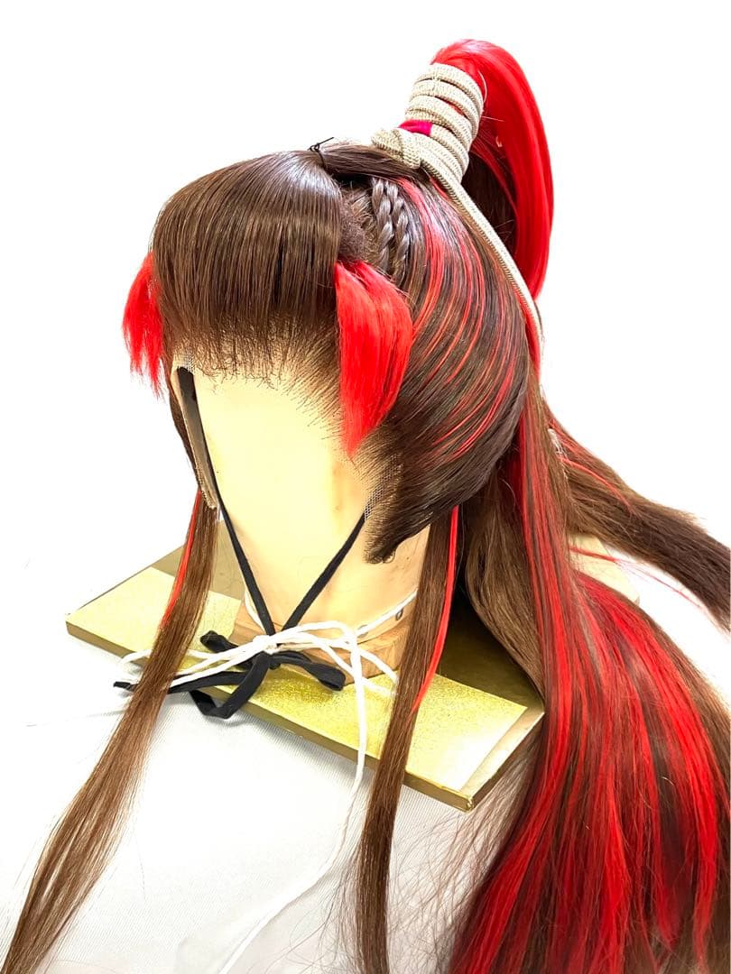 創作、中大サイズ(茶髪＋赤耐熱ファイバープラス)中古舞踊かつら、大衆演劇かつら