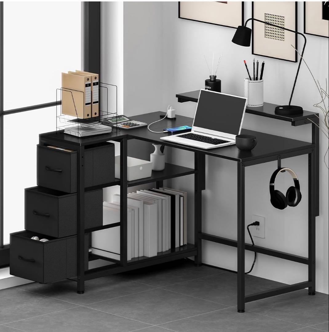 MoonMeguriデスク ブラックパソコンデスク 可動棚付き