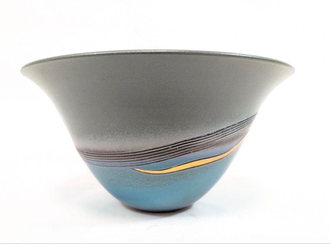 【極美品】池坊 花器／在銘 陶器 （工房制作・作家名不明）金彩ライン/生花