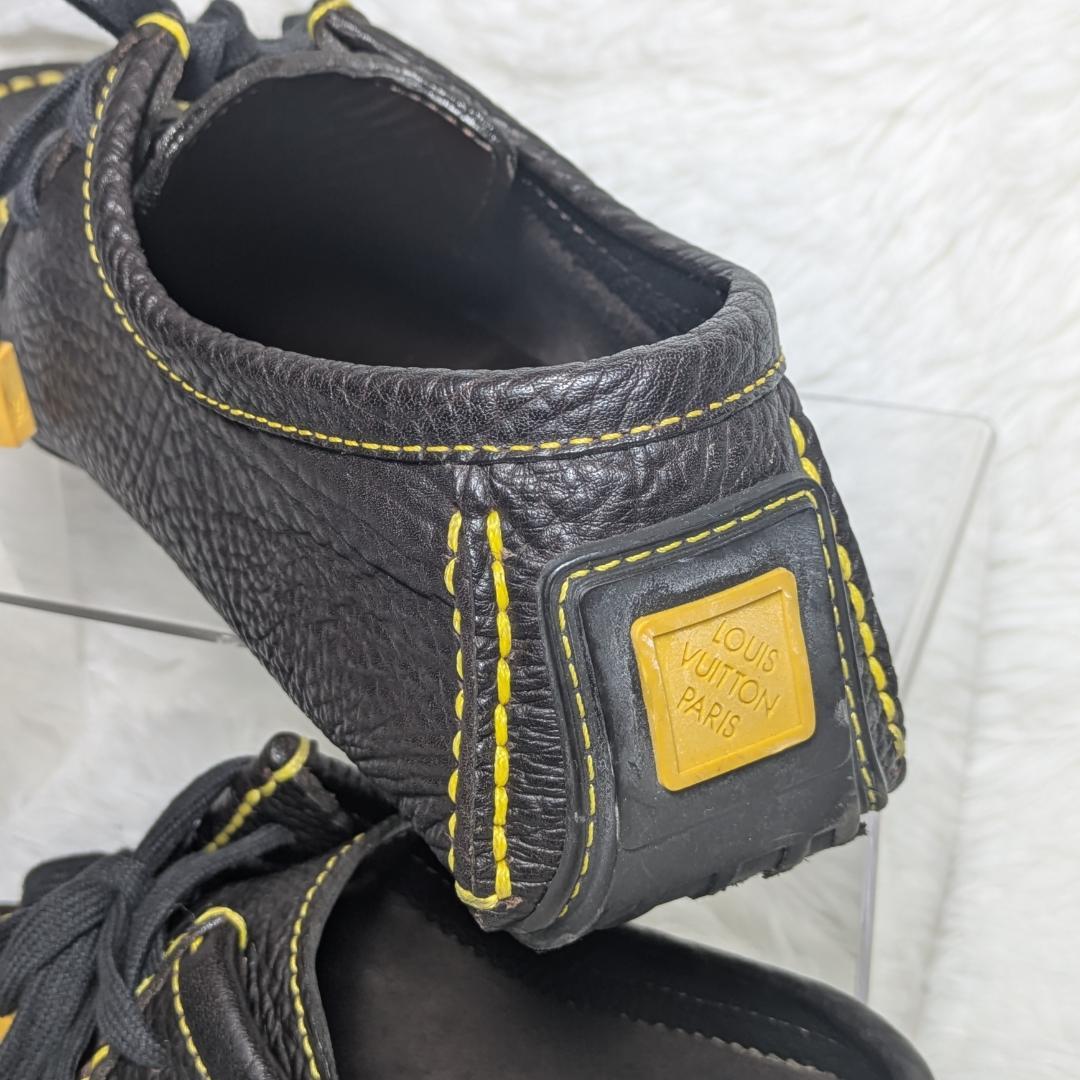 ルイヴィトン レザー ドライビングシューズ 7.5 黒×イエローステッチ メンズ