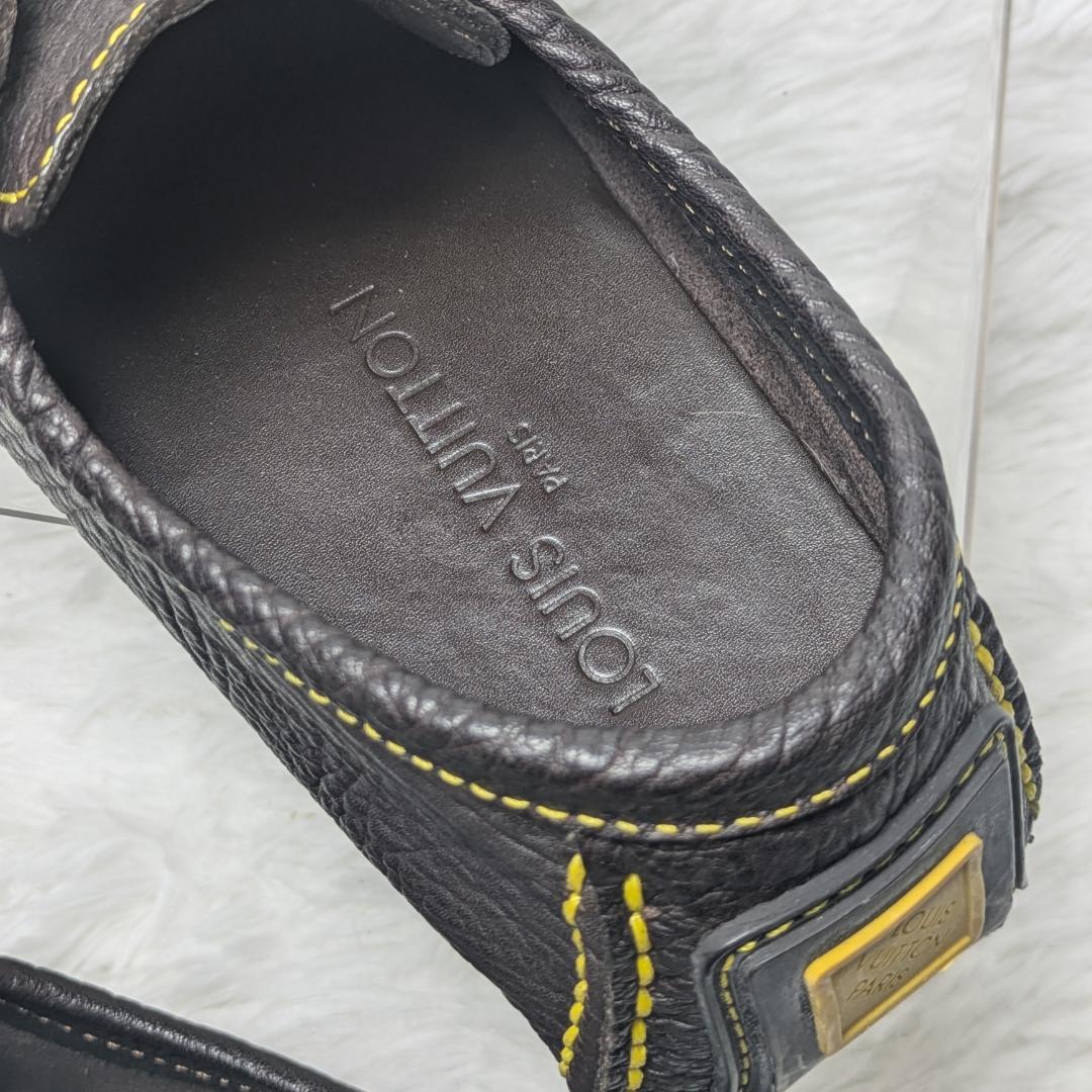 ルイヴィトン レザー ドライビングシューズ 7.5 黒×イエローステッチ メンズ