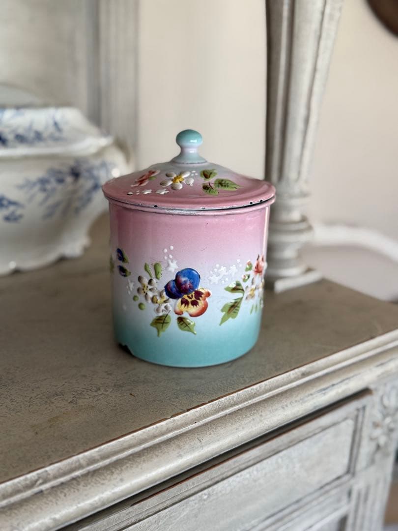 フランスアンティークホーロージャピー社ハンドペイントのマリアージュキャニスター