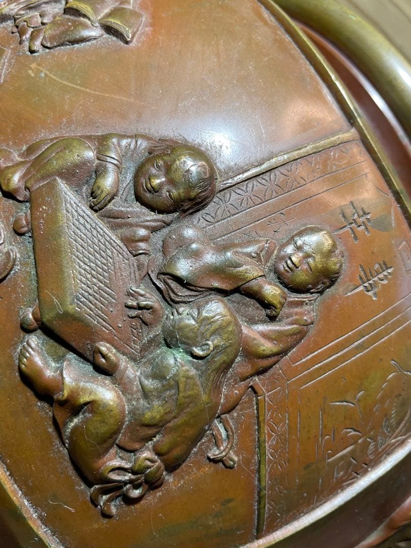 専用　義正　唐子　仙徳火鉢　大型　約5.5kg【m195 大正火鉢　仙徳銅器　】