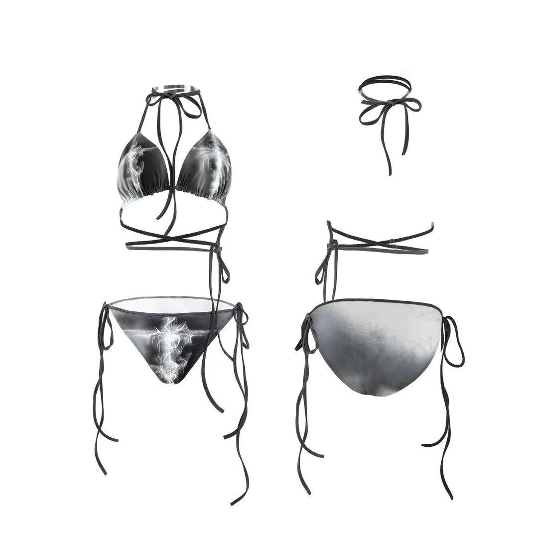 NO ROMANCE Y2Kギャルストラップビキニ水着セットブラック十字架