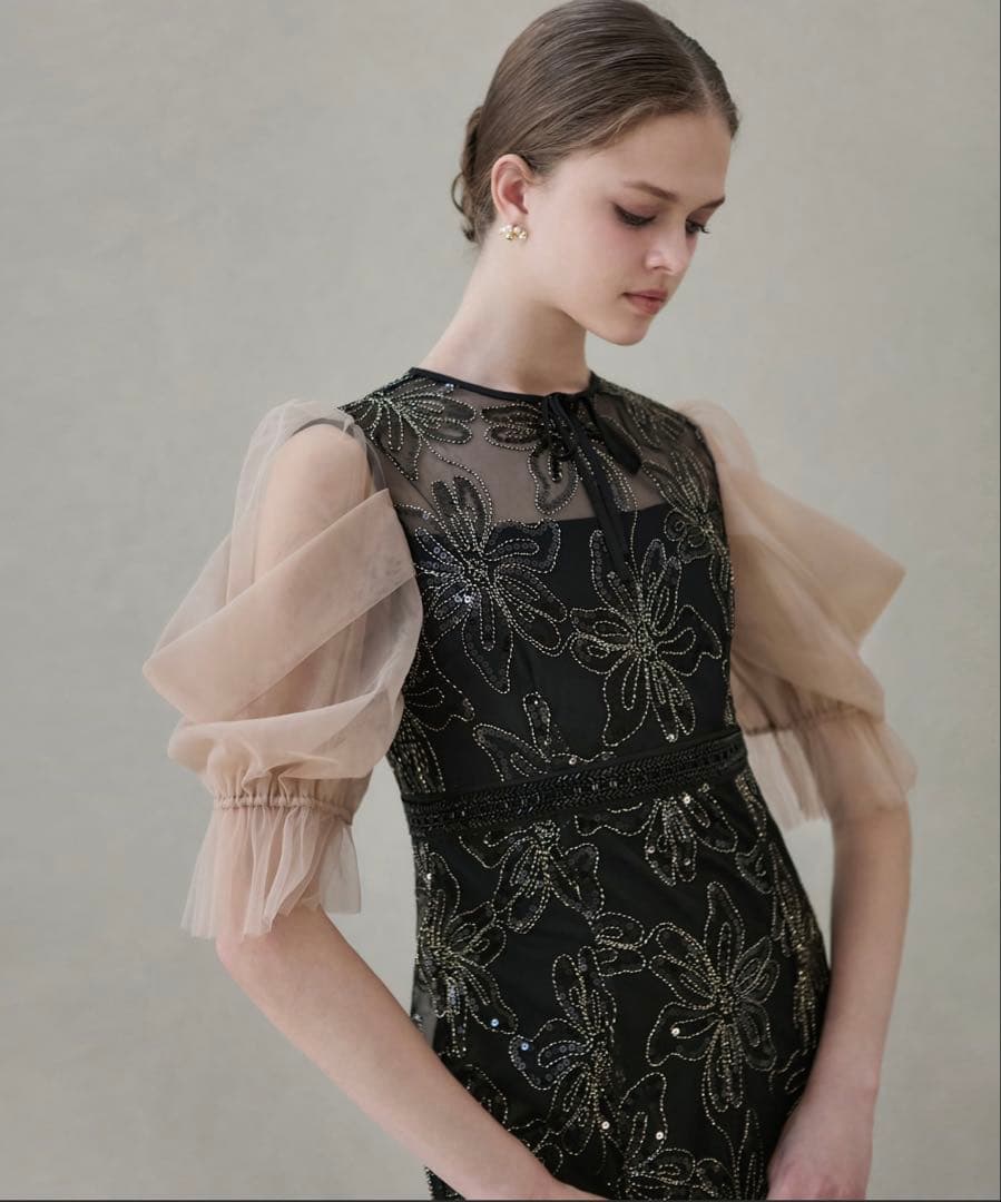 【Laja】スパンコールリボンチュールワンピースドレス