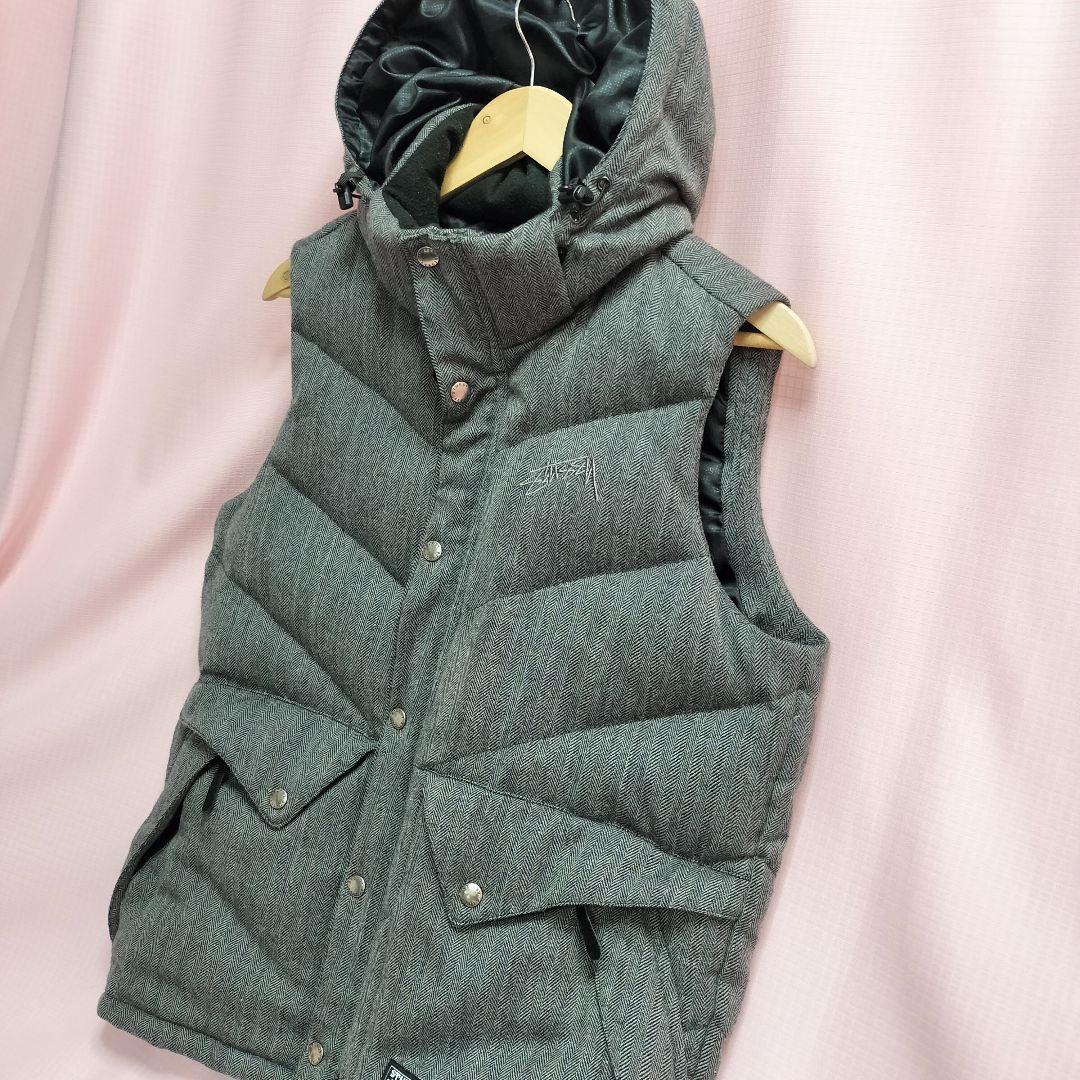 2WAY ダウンベスト Stussy ヘリンボーン モノグラム　グレー　Mサイズ