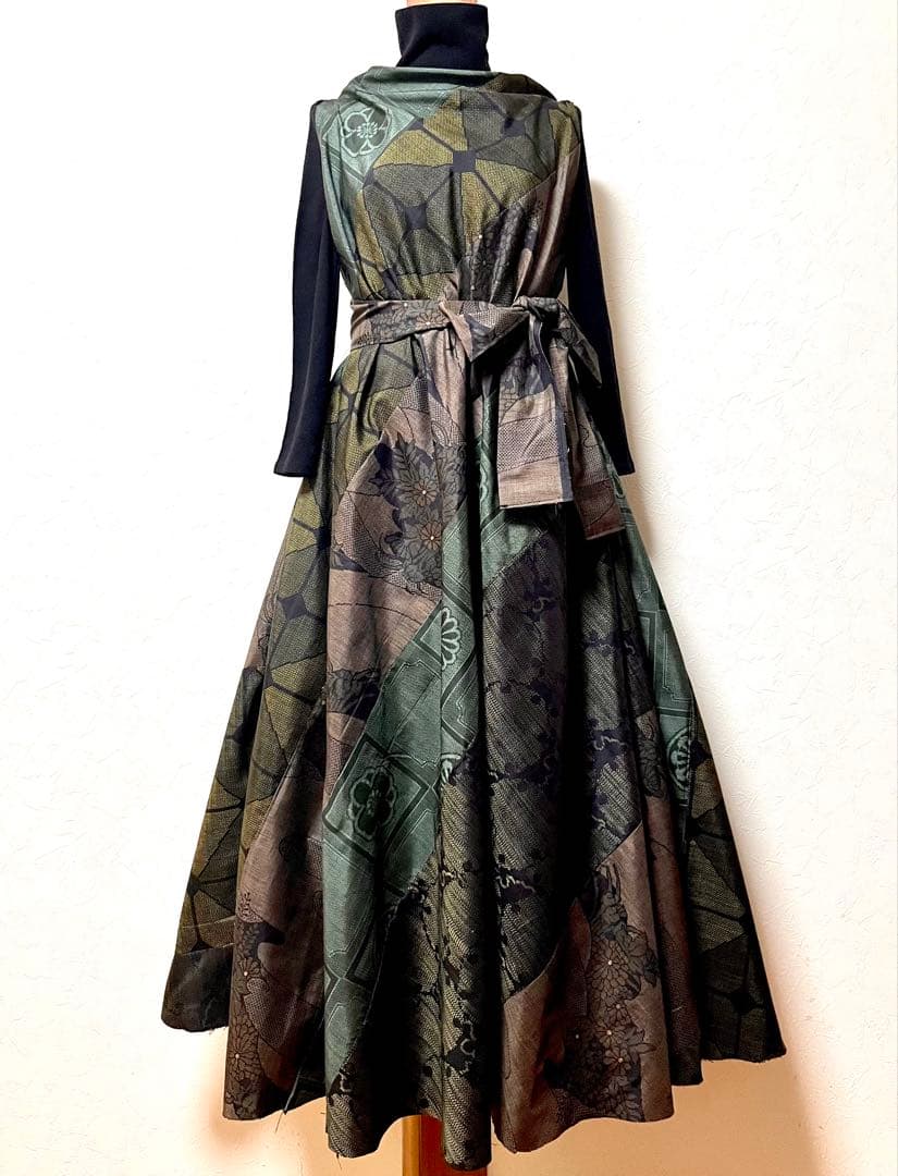 大島紬　パッチワークドレス　着物リメイク