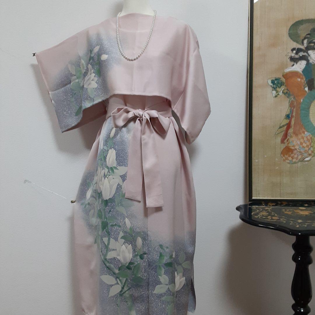 リメイク着物ロングワンピースボレロ付き正絹Ｌ着丈115センチ