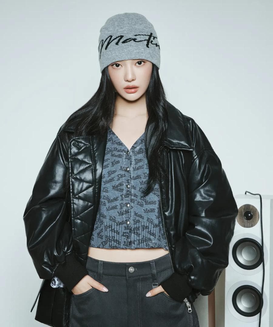 Matin Kim FAUX LEATHER DOWN JUMPER 黒　韓国