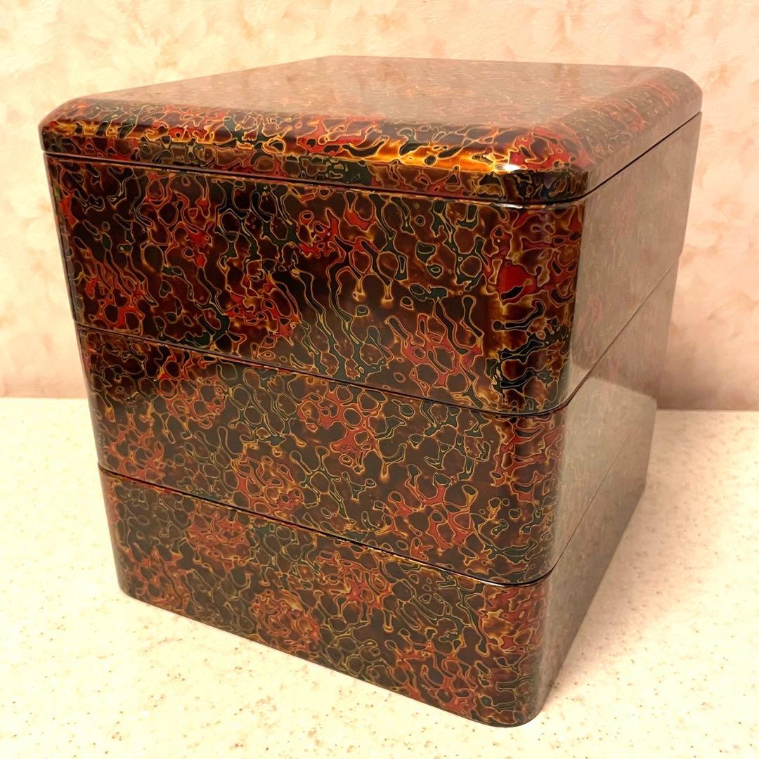 【未使用品】津軽塗 三段重 青森 唐塗 箱付 おせち お重