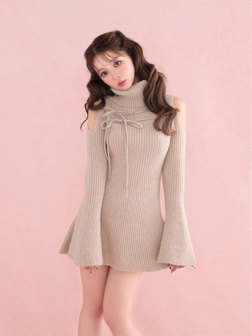 ワンピース Sleeve cut glitter knit mini onepiece