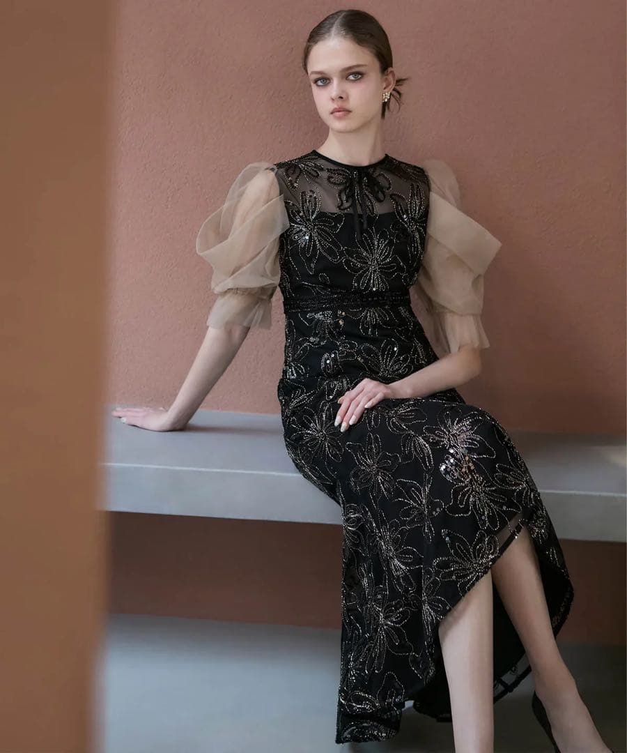 (クリーニング済)Leja スパンコールフラワーリボンチュールワンピースドレス