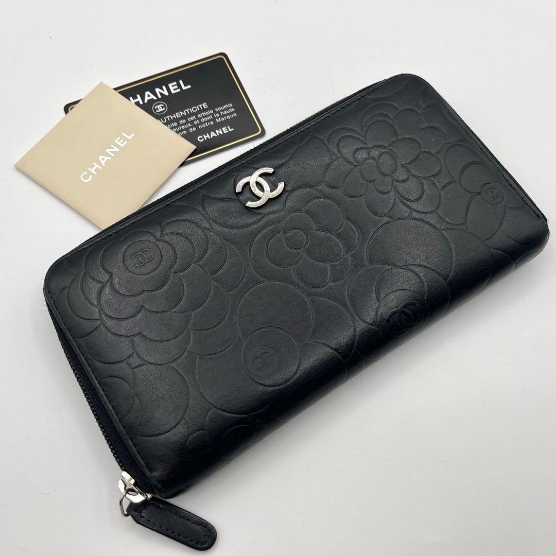 美品◎CHANEL カメリア 長財布 ラウンドファスナー レザー ブラック