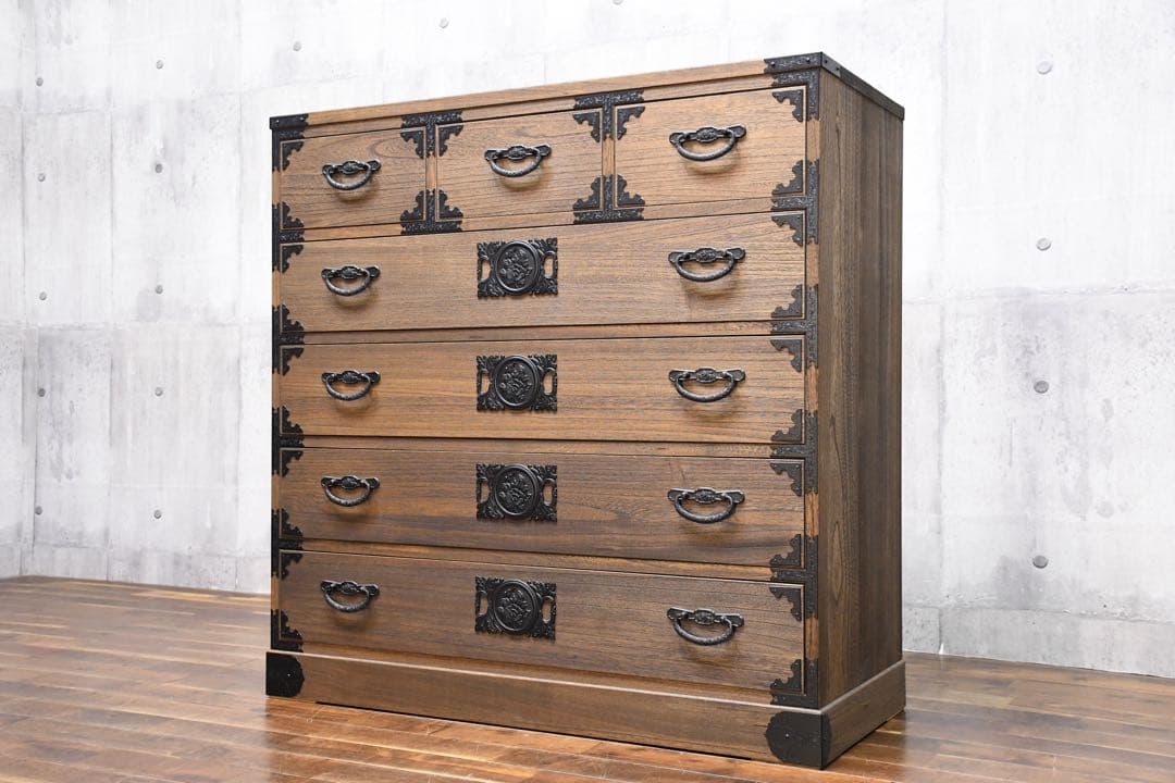 EFK86 焼桐調うづくり時代仕上げ 牡丹 ハイチェスト 5段 桐たんす 桐箪笥