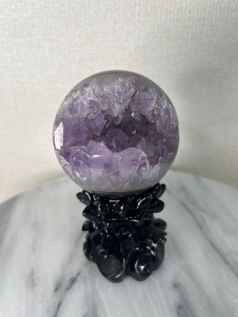 【天然石】レア★瑪瑙 メノウ アメジスト共生 笑口　龍穴　スフィア　丸玉