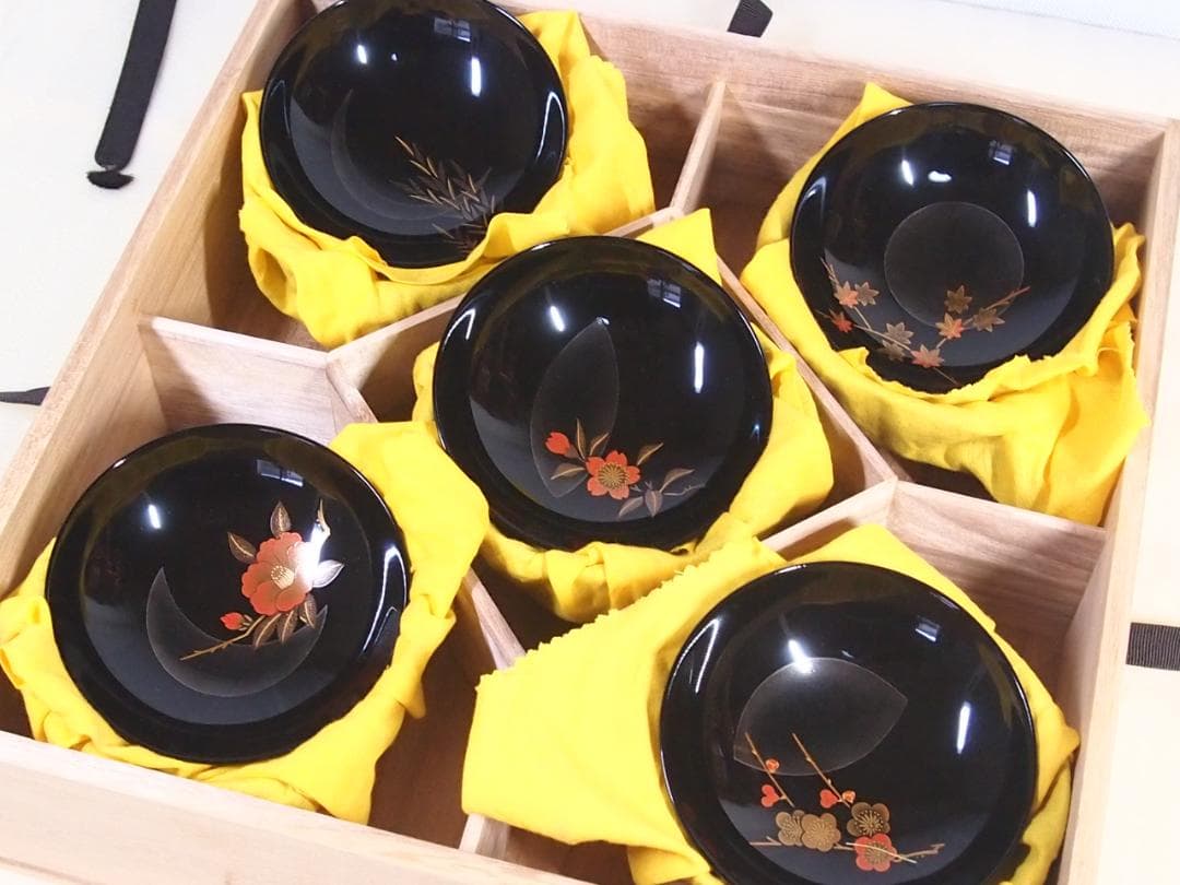 【極美品】輪島塗 名月絵変わり蒔絵 吸物椀5客 信斎/松斎 汁椀/お椀 漆器食器