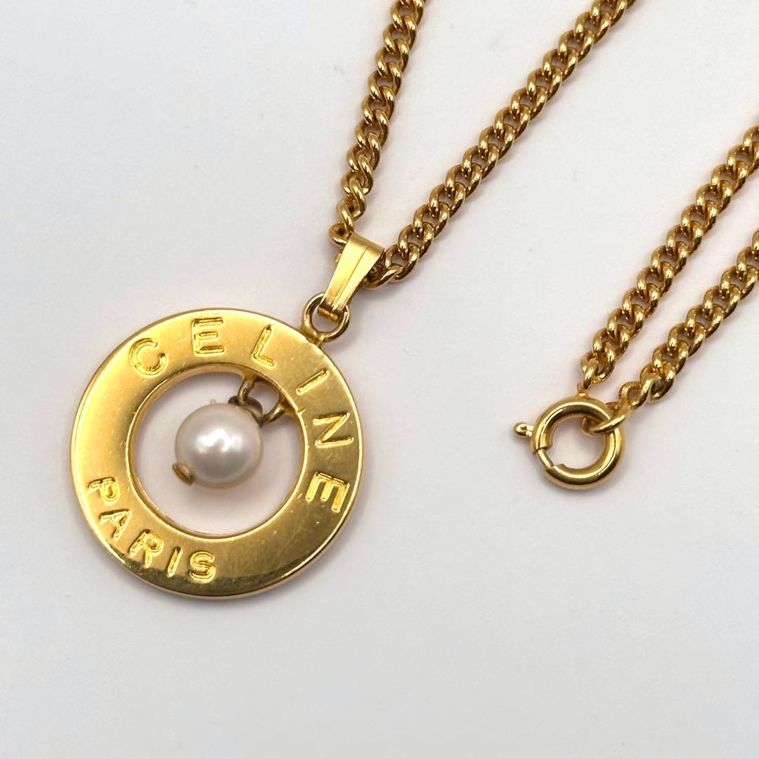 【美品】CELINE セリーヌ フェイクパール ラウンド ネックレス ゴールド