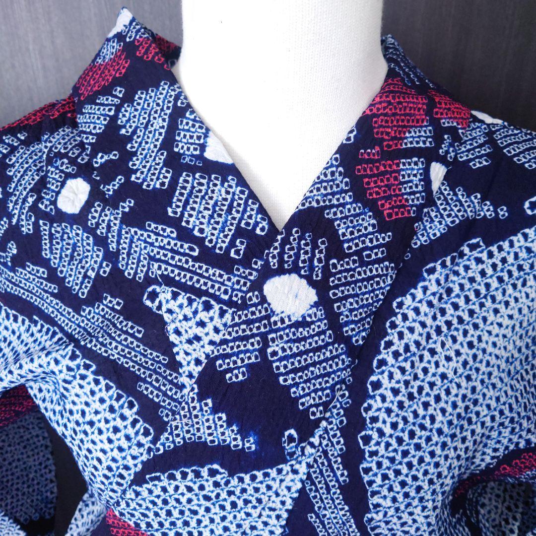 有松絞り　浴衣　椿　しつけ糸付　花