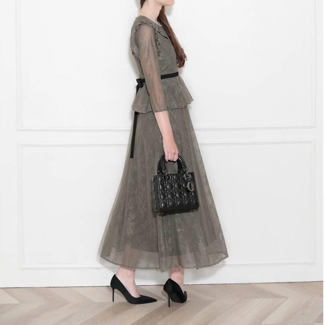 Leja 総レース花柄レイヤード配色フレア後ろリボン　ドレス　パーティードレス