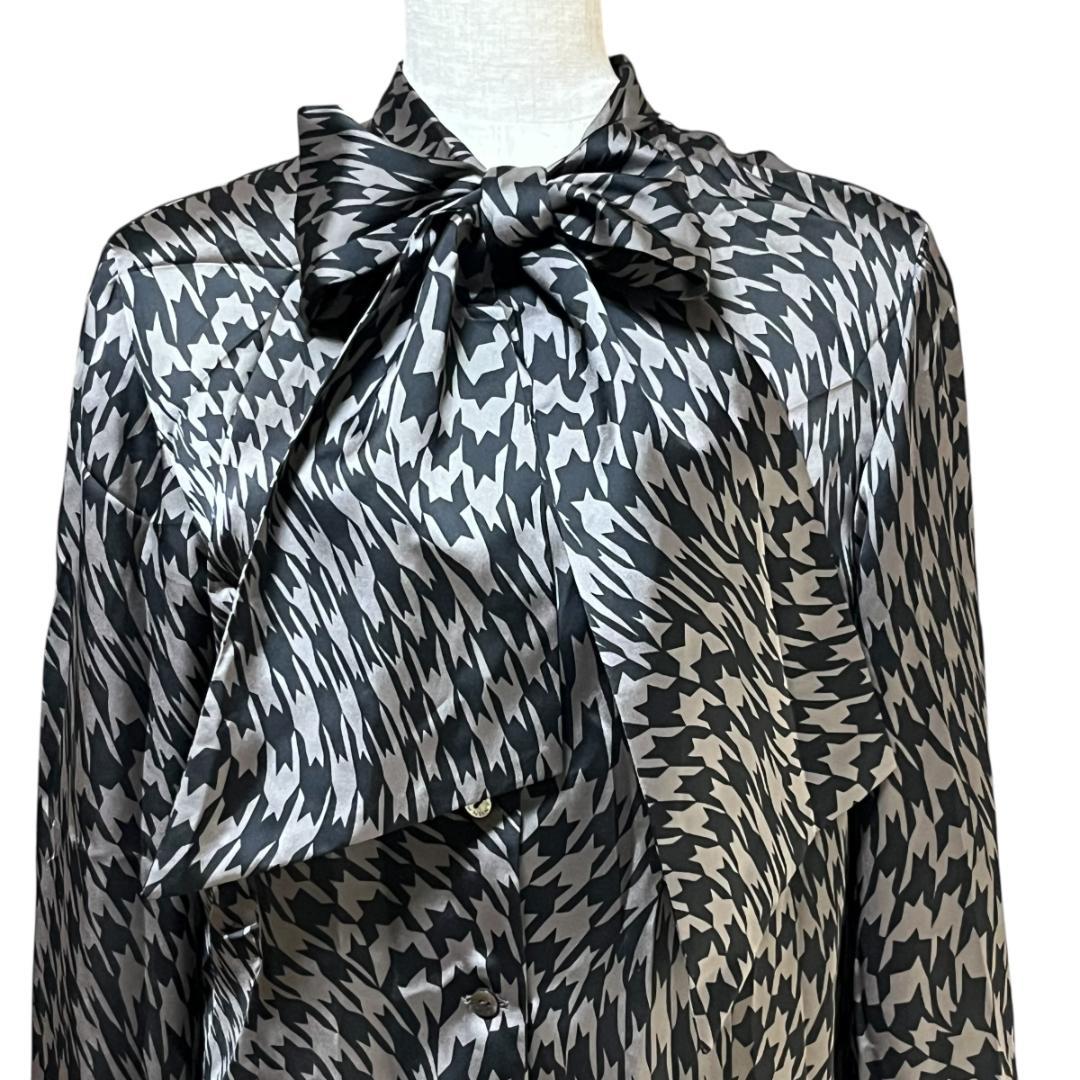 良品 LANVIN COLLECTION 千鳥格子 リボンブラウス 40 黒