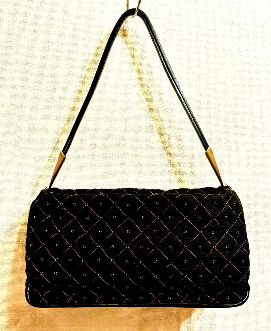 ボッテガヴェネタ ハンドバッグ 肩掛け 黒 ニット×ビーズ×ラメ刺繍×レザー