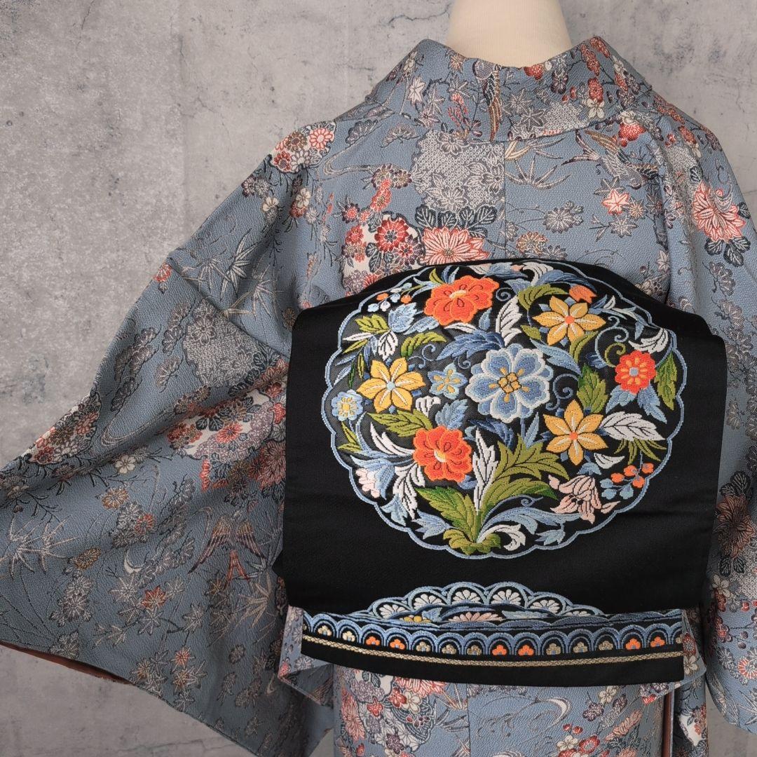 小紋　フルセット　着物　正絹　グレー水色地　鳥　花　彩　バチ衿　着物生活　E1