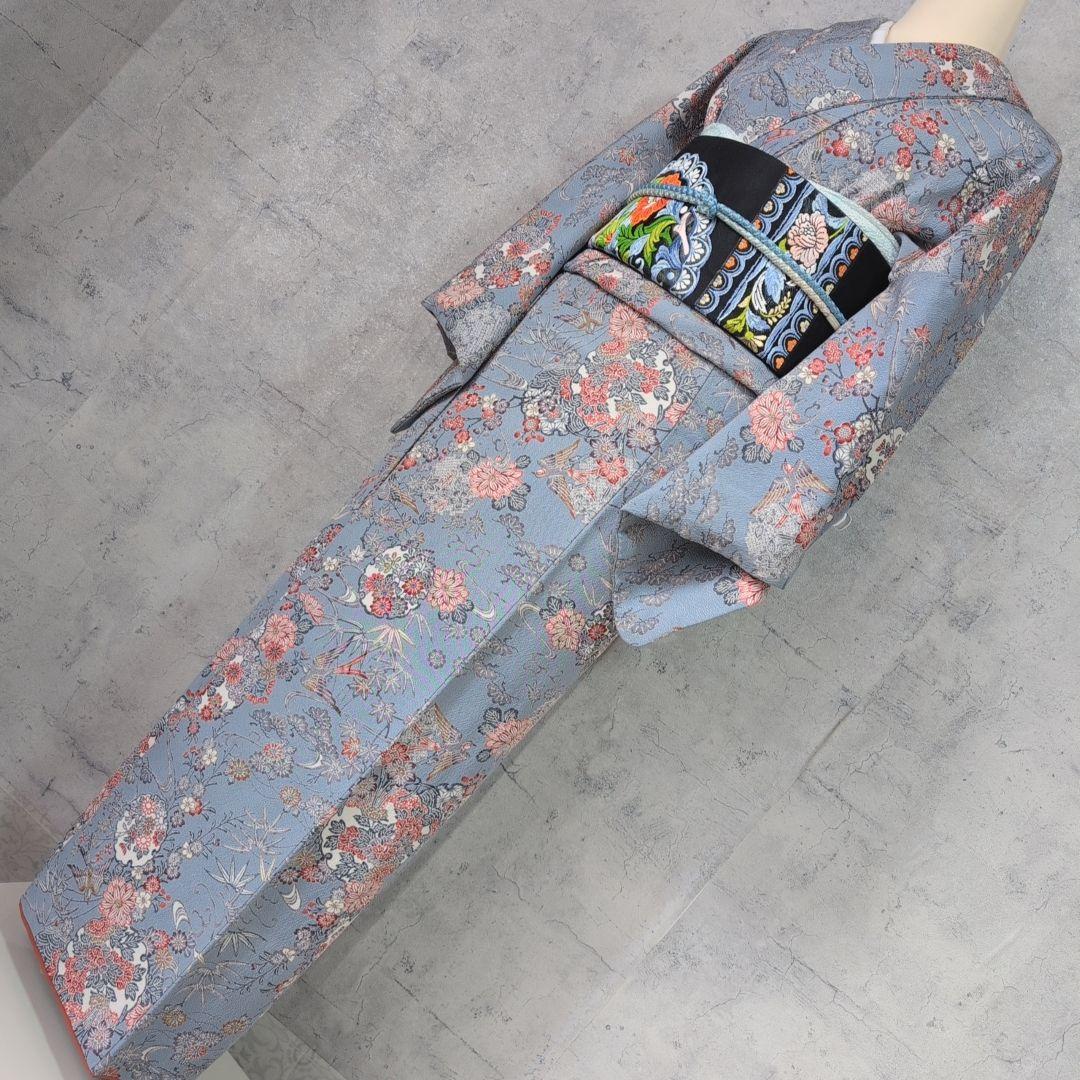 小紋　フルセット　着物　正絹　グレー水色地　鳥　花　彩　バチ衿　着物生活　E1