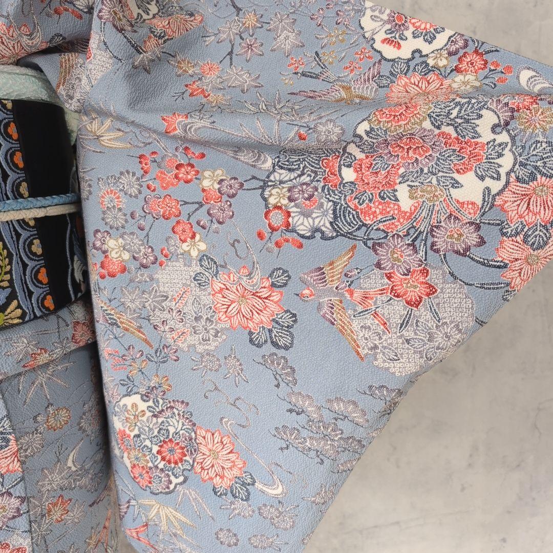 小紋　フルセット　着物　正絹　グレー水色地　鳥　花　彩　バチ衿　着物生活　E1