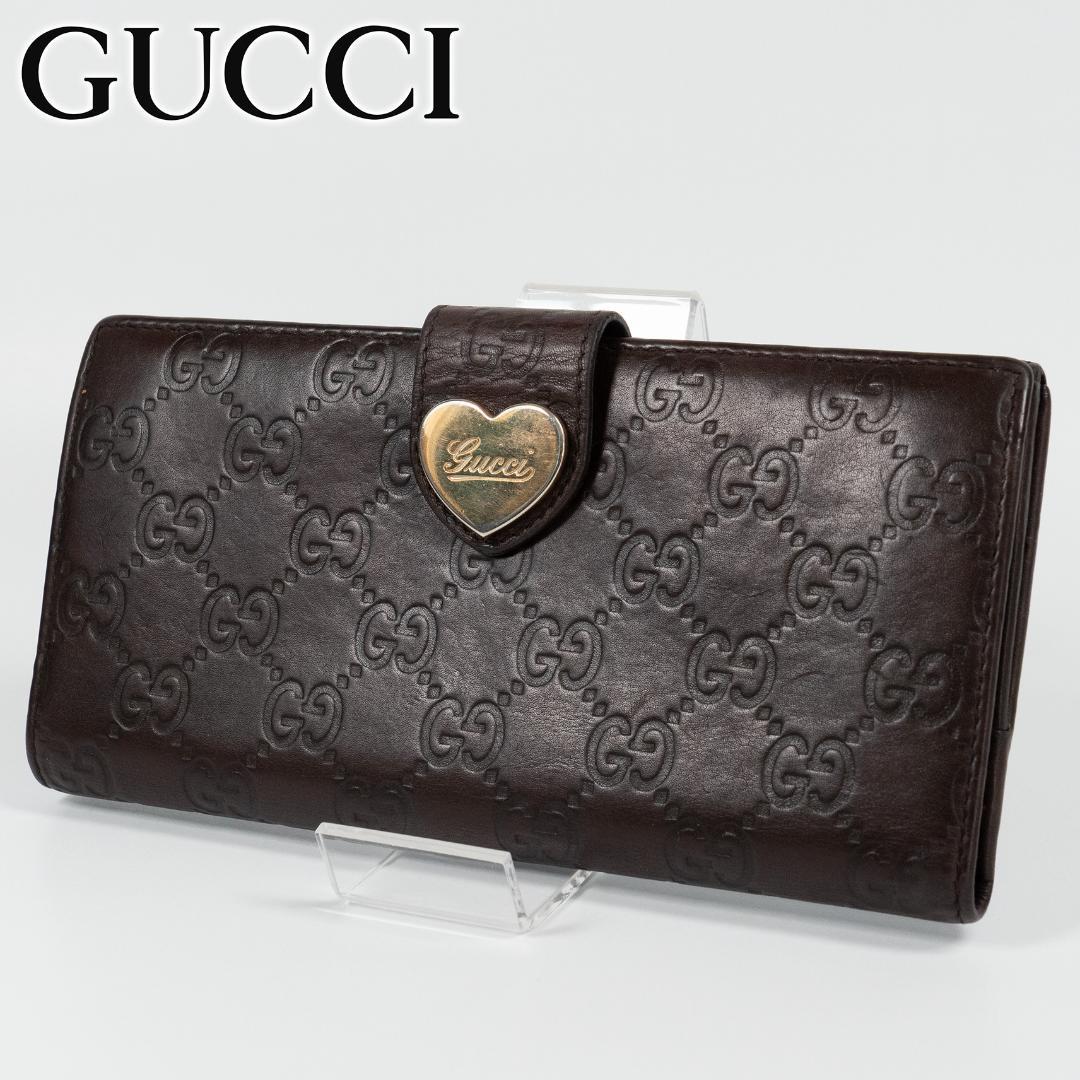 美品✨ GUCCI グッチ 長財布 シマ ハート GG レザー ダークブラウン