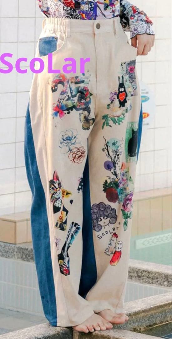 ScoLar 25周年アニバーサリー 細コール×デニム切替プレミアムパンツ