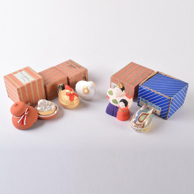 茶道具　楽山作　立雛他　干支　水鳥など　色絵香合　6点まとめて　N　8222