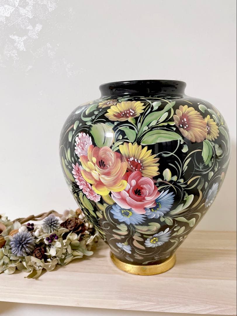 アンティーク　イタリア　フラワーベース　手描き　花模様　ピゴラロ