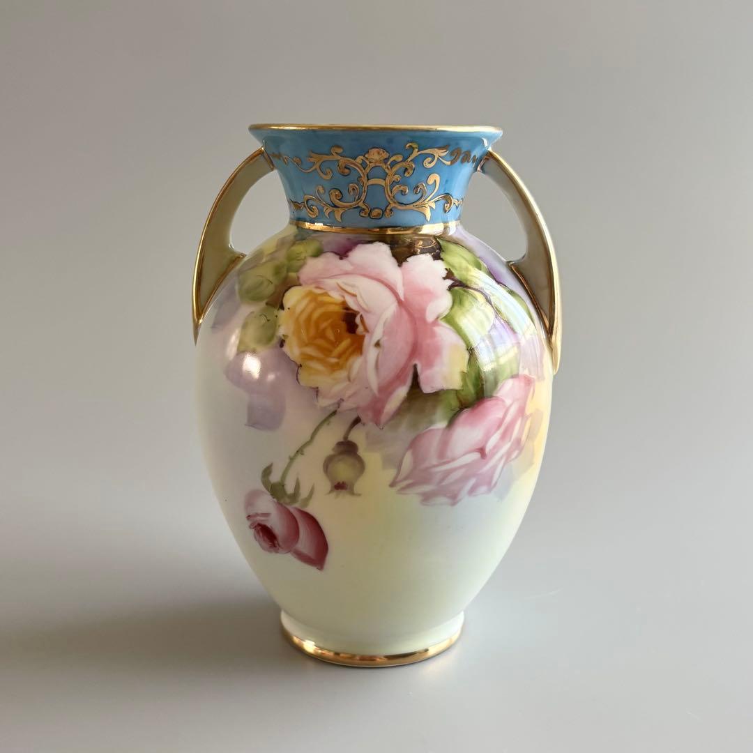 アンティーク　オールドノリタケ　総手描き　薔薇文　金彩ハンドル　花瓶　【稀少品】