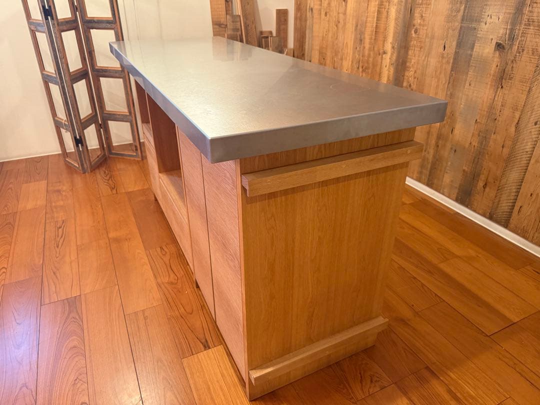 【展示品】※値下げ※オーダーメイド家具　木製キッチンカウンター ステンレス天板