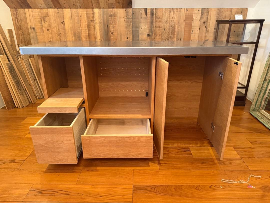 【展示品】※値下げ※オーダーメイド家具　木製キッチンカウンター ステンレス天板