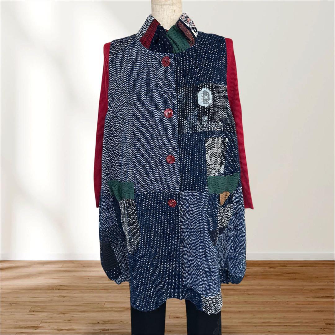 作エ門　刺子　古布リメイク　パッチワーク　絣　ベスト 作家1点物
