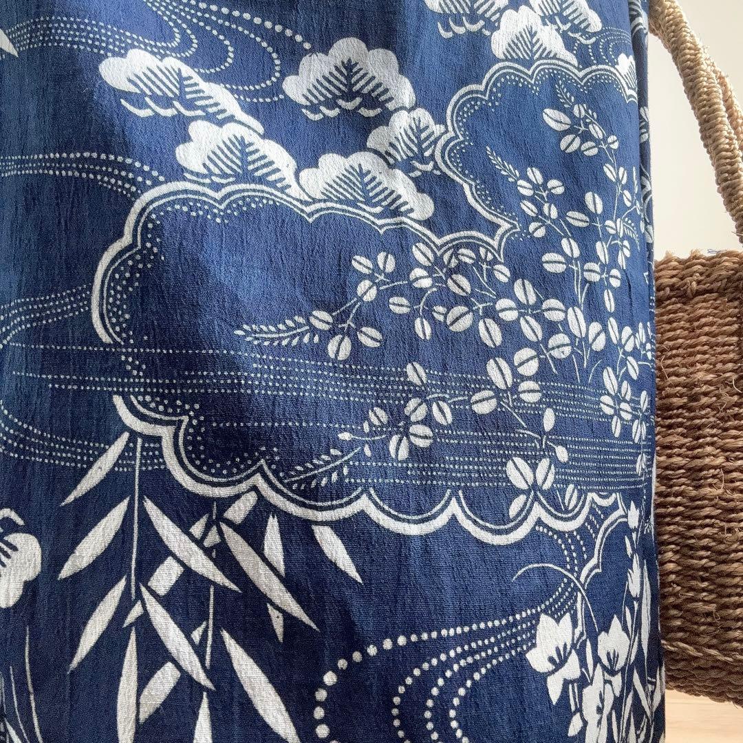 竺仙　浴衣　リメイク　綿縮　ワンピース ハンドメイド　ロング　マキシ　着物　紺