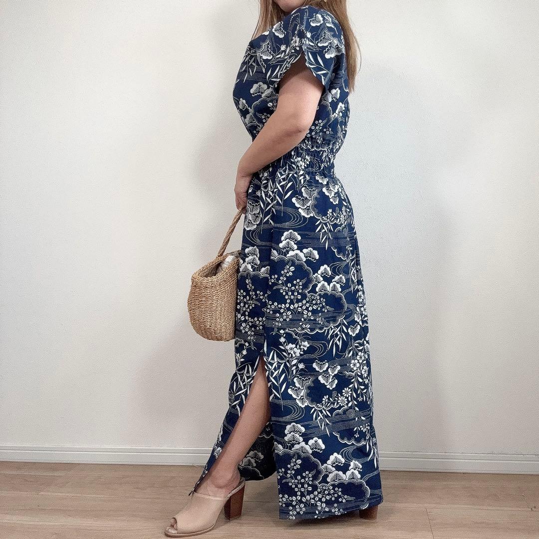 竺仙　浴衣　リメイク　綿縮　ワンピース ハンドメイド　ロング　マキシ　着物　紺