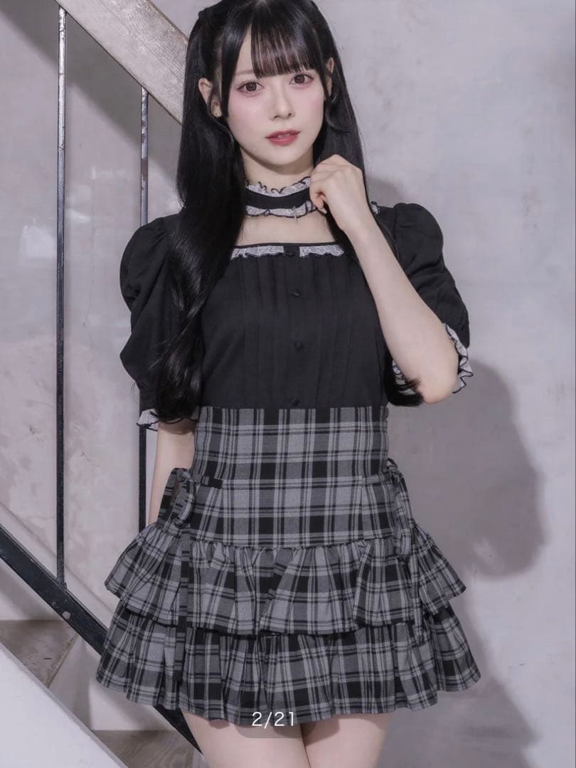 Pium サイドリボンティアードスカート　グレーチェック