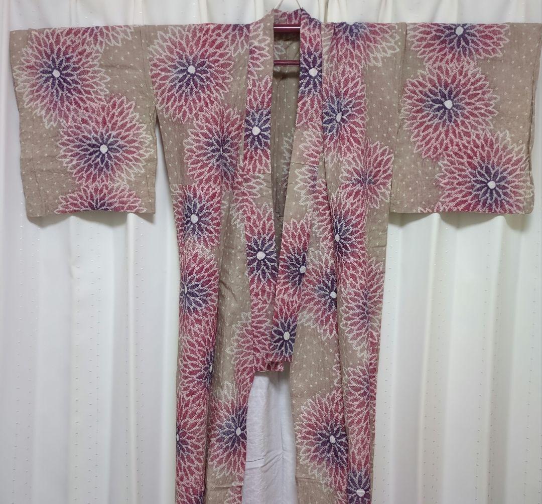 有松絞り 浴衣 ダリア 花柄 ベージュ ピンク 紫