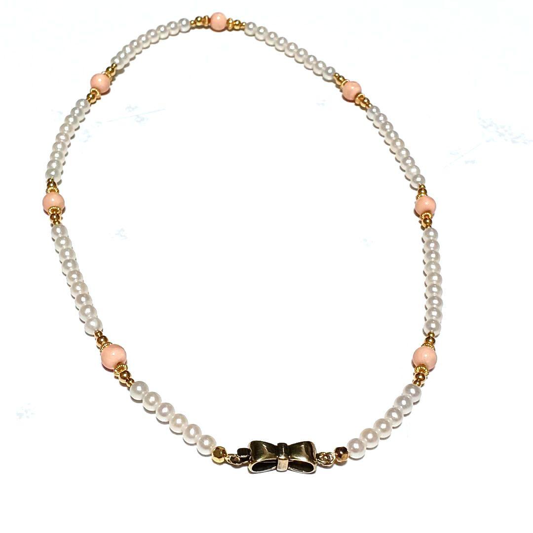 値下げ不可　あこや真珠　ベビーパール　珊瑚　リボン　ネックレス　シルバー