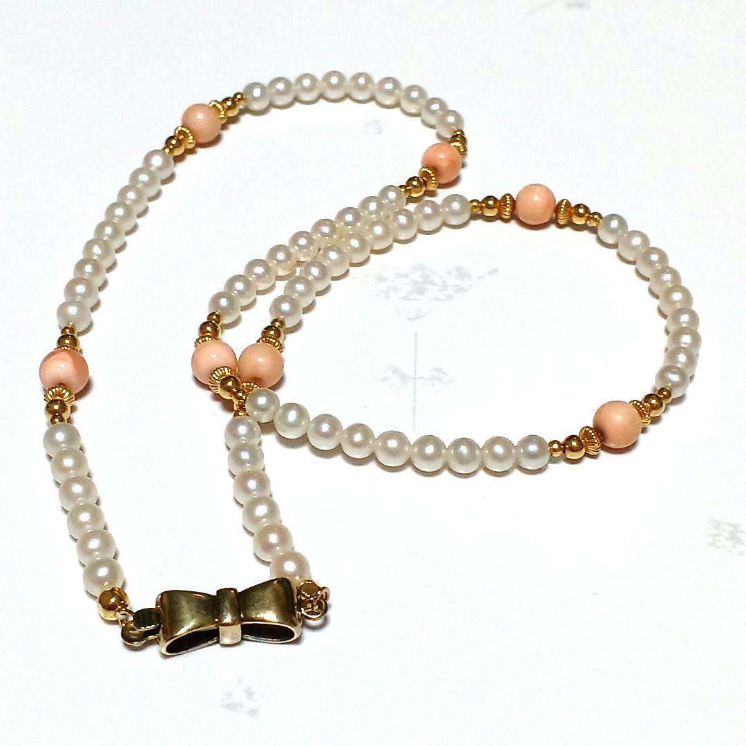 値下げ不可　あこや真珠　ベビーパール　珊瑚　リボン　ネックレス　シルバー