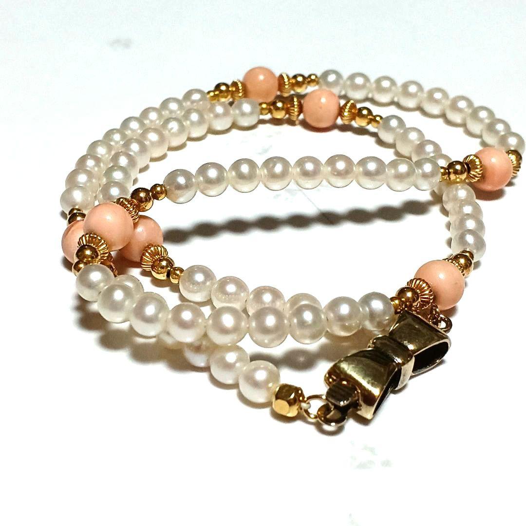 値下げ不可　あこや真珠　ベビーパール　珊瑚　リボン　ネックレス　シルバー